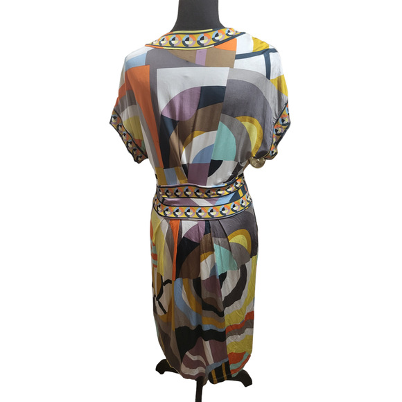 BCBGMAXAZRIA V Neck Geometric Multicolor Short Sleeve Dress, Sz M - Picture 8 of 8